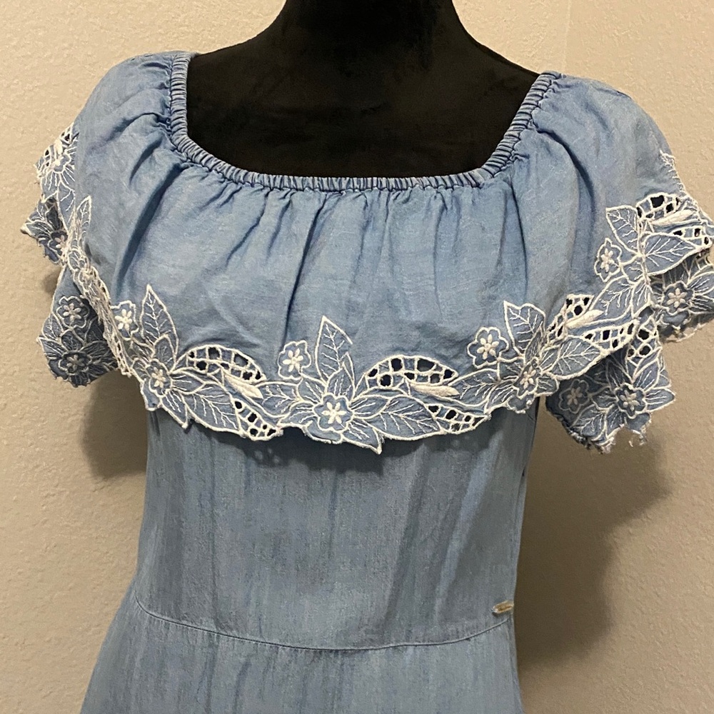 Blue Dress with White Lace Trim